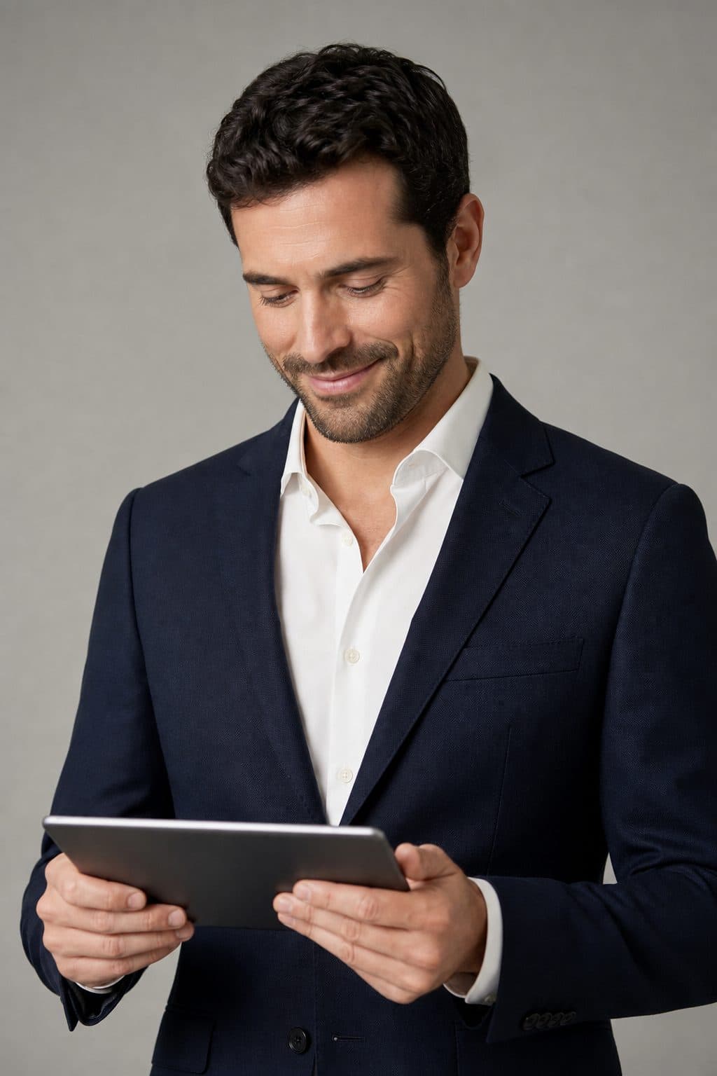 Program lead reviewing compliance reporting on a tablet